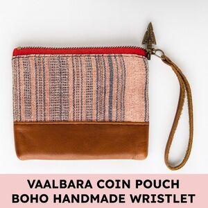 Vaalbara Designs Leather Woven Coin Pouch Boho Handmade Wristlet Pink Brown